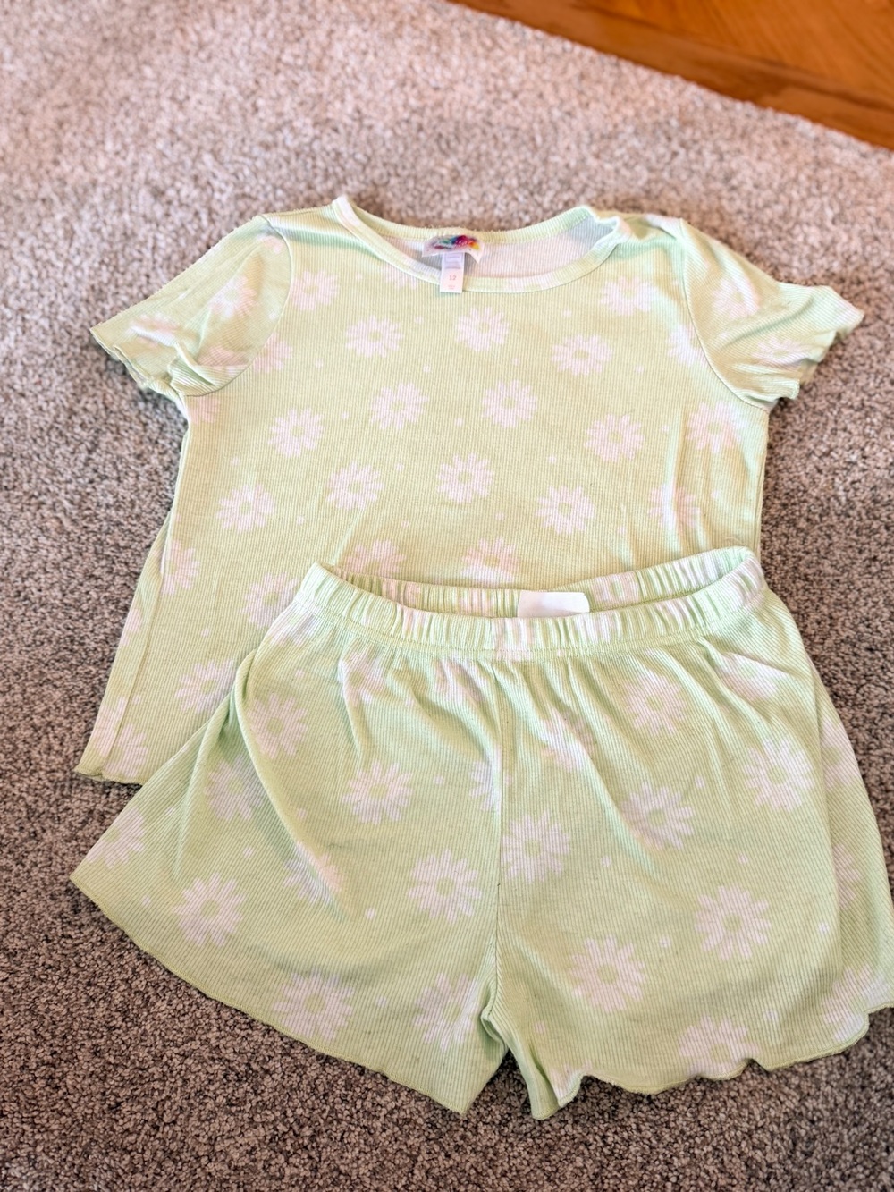 Kids' Daisy Print Short Pajama Set - Light Green white Sz 12